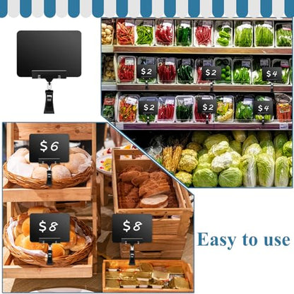 24 Pack Plastic Mini Chalkboard Sign with Clip, Rotating Price Signs Black Erasable Merchandise Sign Clip Holder for Business, Store, Retail, Shelf, Clothing Rack, Food