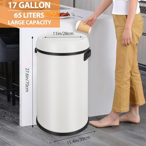 17 Gallon Fingerprint-Proof Stainless Steel Trash Can, Heavy Duty Commercial Round Garbage Bin with Swing Lid for Restaurant, Home, Office, White - color: White