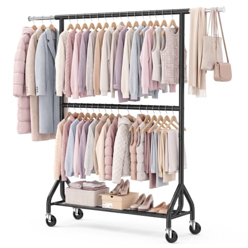 EAGMAK 622 LBS Double Rod Clothing Rack with Wheels Heavy Duty, Black - color: Black, size: 43.3"×18.9"×74.8"( Wheels)