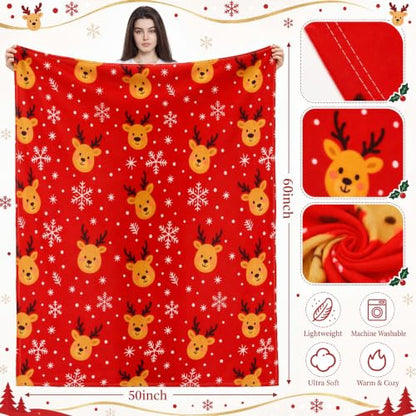 Kinlop 40 Pcs Christmas Throw Blankets Bulk Xmas Soft Cozy Lightweight Fleece Blanket Winter Holiday Blankets for Couch Bed Sofa Home Donation 50 x 60 Inch (Red Reindeer) - color: Red