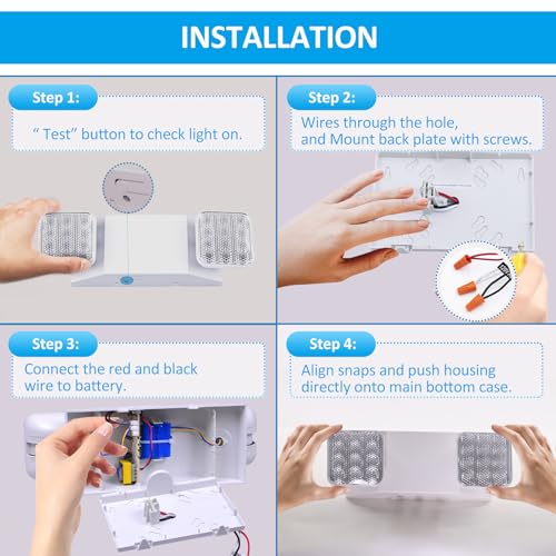 Indoor Emergency Lights with Battery Backup (90 Minutes), 2 Adjustable LED Heads of Power Outage, Wall Mount, Hard Wired, Test Switch and Charge Indicator 120-277V, Fire Resistant (UL 94V-0) 4 Pack.