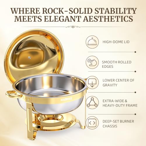 HEADMALL Chafing Dishes for Buffet 4 Pack, 6QT Round Gold Chafing Dish Buffet Set with High Dome Lid, Stainless Steel Food Warmers for Parties, Catering Supplies and Buffet Servers, Safe Rolled Edge - color: Gold
