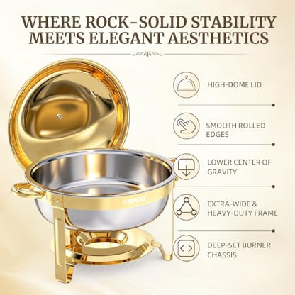 HEADMALL Chafing Dishes for Buffet 4 Pack, 6QT Round Gold Chafing Dish Buffet Set with High Dome Lid, Stainless Steel Food Warmers for Parties, Catering Supplies and Buffet Servers, Safe Rolled Edge - color: Gold