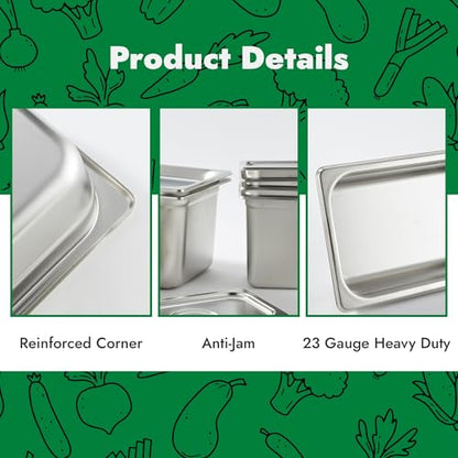 HECMAC 6 Pack Anti-Jam Hotel Pans, 1/9 Size 2-1/2 Inch Deep, Commercial Stainless Steel Chafing Steam Table Pan, Catering Storage Metal Food Pan, 23 Gauge - size: 1/9 Size, 2-1/2" Deep
