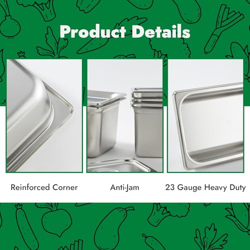 HECMAC 6 Pack Anti-Jam Hotel Pans, 1/9 Size 4 Inch Deep, Commercial Stainless Steel Chafing Steam Table Pan, Catering Storage Metal Food Pan, 23 Gauge - size: 1/9 Size, 4" Deep