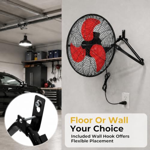 18‑Inch Industrial Floor Fan, 5300 CFM, 2‑in‑1 Wall‑Mount & Floor Design - color: Red