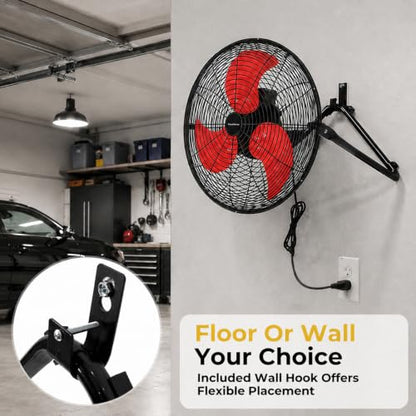 18‑Inch Industrial Floor Fan, 5300 CFM, 2‑in‑1 Wall‑Mount & Floor Design - color: Red