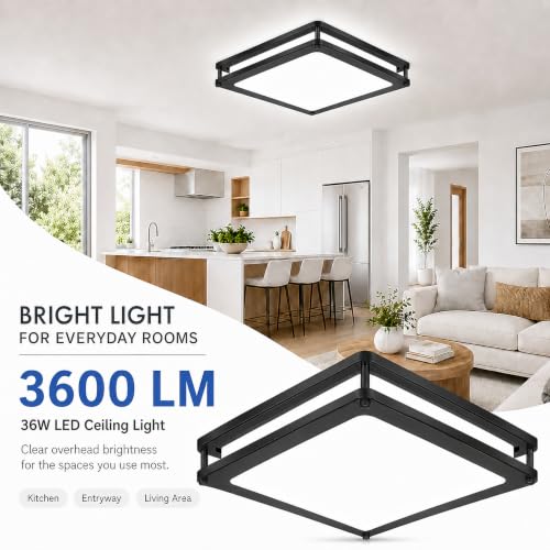 12in 36W Black Square Dimmable LED Ceiling Lights, 3600LM Super Bright Modern Flush Mount Light Fixtures, 2700K-6500K 5CCT Adjustable Ceiling Lamp for Hallway Laundry Commercial Residential Use 1-Pack - color: Black, size: 1 Pack