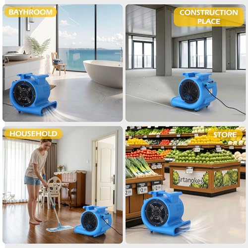 Commercial 1 HP Air Mover Fan for Water Damage Restoration,4000 CFM Industrial Carpet Dryer, Blower Fans,3-Speed Floor Fan with Daisy Chain - size: 1hp