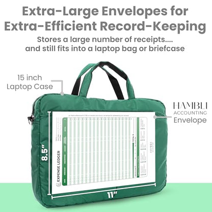 Extra Large Receipt Envelope & Receipts Organizer (Pack of 18) - Efficiently Manage Business Expenses & Log Mileage Trips - 8.5” x 11.0” Inches, Green Color- Business Ledger for Small Business - color: Green