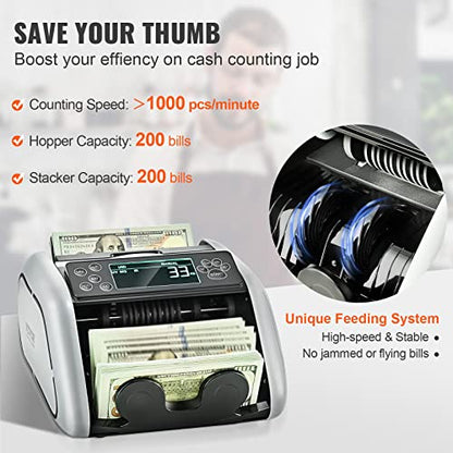 VEVOR Money Counter Machine, Bill Counter with UV/MG/IR/DD/DBL/HLF/CHN Counterfeit Detection, Counting/Value Count/Add/Batch Modes, USD/EUR Money Counting Machine with LCD Display for Small Business - size: 9.6*11*6.2"
