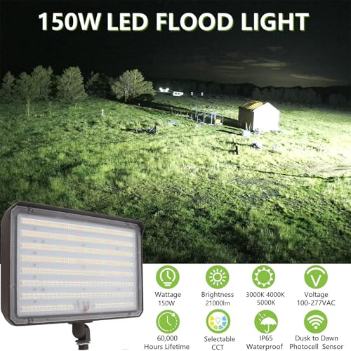 2Pack Dusk to Dawn Outdoor 150W LED Flood Light with Knuckle & Plate Mount, 3000K/4000K/5000K Color Selectable, ETL Commercial LED Security Lighting - size: 150W