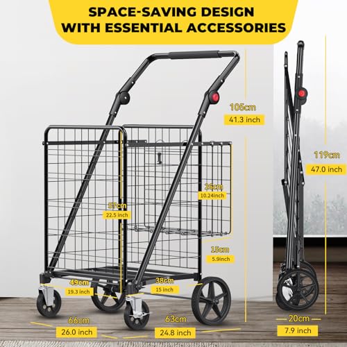 XINGLANG Heavy Duty Folding Shopping Cart – 5.0 Cu Ft, 480 lbs Capacity, Double Basket & Removable Waterproof Liner, 360° Swivel Wheels with Brakes, Adjustable & Rotating Handle for Laundry & Grocery - size: Extra Large