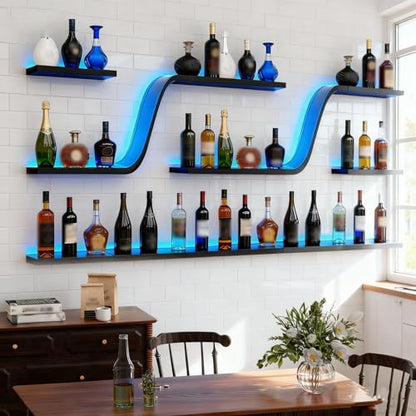 55in Wall Mounted Wine Rack with Blue LED Lights (Black,140cm) - color: Black, size: 55in