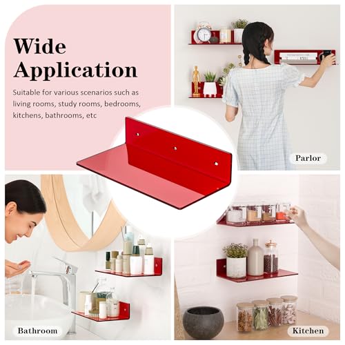 Sezanrpt 12 Inches Red Small Wall Shelves, Acrylic Bathroom Floating Shelves for Living Room, Bathroom, Bedroom, 2 Pack - color: Red, size: 12 Inch