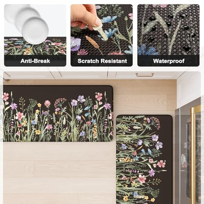 KIMODE Kitchen Mats Cushioned Anti Fatigue, Black Farmhouse Kitchen Rugs - color: Floral/Black, size: 59"L x 17.3"W x 0.47"Th + 29"L x 17.3"W x 0.47"Th