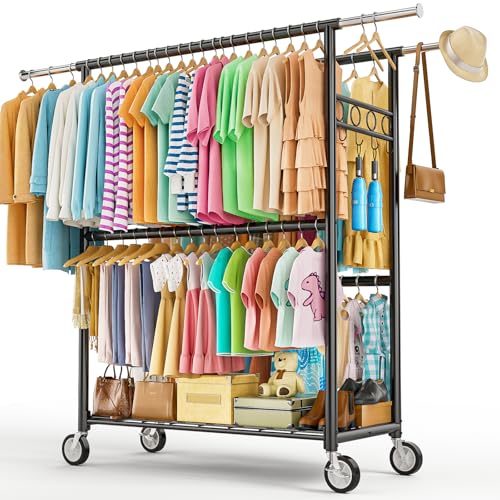 Heavy Duty Clothes Rack Load 1060LBS, Four Rods Rolling Clothing Racks for Hanging Clothes, Rolling Garment Rack With Sturdy Wheels Shelves Hooks, Portable & Adjustable Commercial Garment Rack, Black - color: Black, size: 20.0" x 60.6" x 72.8"(4 Rods)