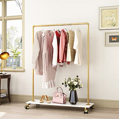 Gold Metal Clothing Rack with Wood Shelf, Heavy Duty Rolling Garment Rack with Wheels for Bedroom Retail Boutique Use (49.21L inches) - style: single-medium