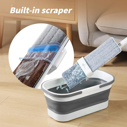 Oshang Flat Mop and Collapsible Bucket OG7 with Wheels, 2 Washable Reusable Microfiber Pads, Pure White - color: Pure White