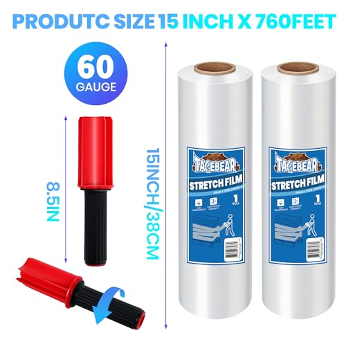 TAPEBEAR Stretch Wrap Film with Handles 15" x 760Ft Shrink Wrap - size: 15" x 760Ft x 2Rolls