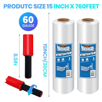 TAPEBEAR Stretch Wrap Film with Handles 15" x 760Ft Shrink Wrap - size: 15" x 760Ft x 2Rolls