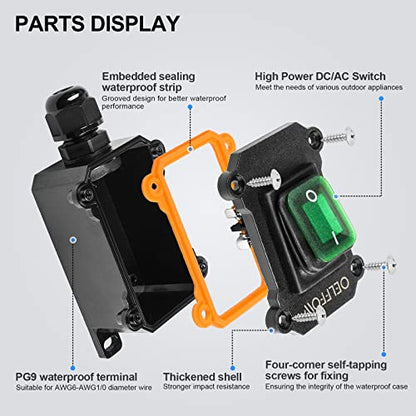 Waterproof On Off Toggle Switch with Green Light Rocker Button Inline Cord Switch DPST AC/DC 20A-125V,16A-250V,30A-24V,35A-12V, IP66 - color: Green/1 Switch/1 Outlet