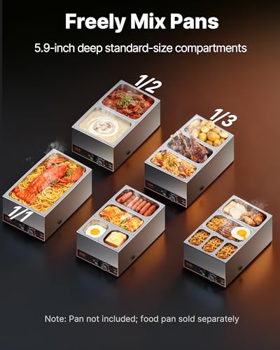VEVOR Commercial Food Warmer, 1500W Electric Stainless Steel Steam Food Warmer, Fast Heating Countertop Buffet Bain Marie with Power Cord & Divider Strip, for Catering, Restaurants, Parties, Buffets - size: 22.05 x 13.39 x 9.65 in