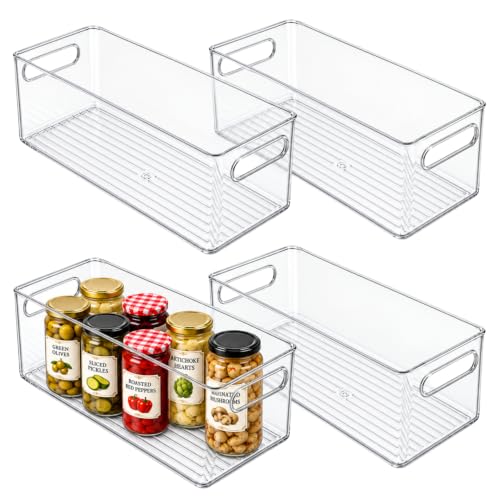 Plastic Food Storage 4 Pack Clear Container Bin with Handles for Organizing Kitchen, Pantry, Refrigerator, Freezer, Pantry, Cabinet, Closet, Bathroom. 12”x6”x5” - size: 12x6x5