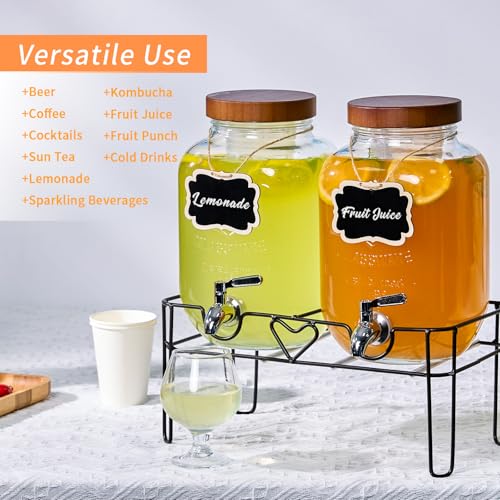 2pack 1Gallon Glass Drink Dispensers for Parties, Beverage Dispenser with Stand and Fruit Infuser, Lemonade Dispenser with Stainless Steel Spigot for Kombucha, Sun Tea, Juices, BBQ, Weddings (Brown) - color: Brown