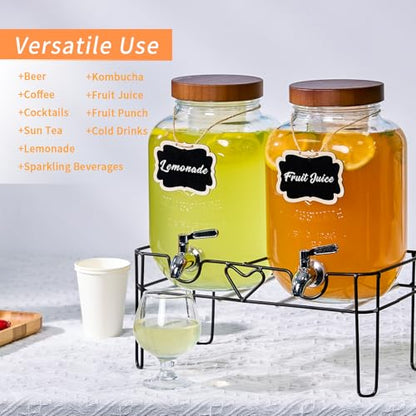 2pack 1Gallon Glass Drink Dispensers for Parties, Beverage Dispenser with Stand and Fruit Infuser, Lemonade Dispenser with Stainless Steel Spigot for Kombucha, Sun Tea, Juices, BBQ, Weddings (Brown) - color: Brown