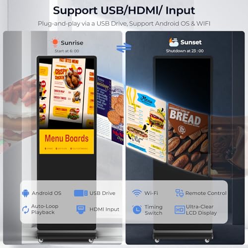 32/43/55/65 Inch Digital Signage Display, LCD Screen Advertising Display Kiosk Interactive Totem Floor Standing Auto AD Player with USB/HDMI/WiFi Android OS (43'' Non-Touch) - size: 43-Inch, style: NonTouch Screen