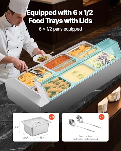 VEVOR Commercial Food Warmer, 1500W Electric Stainless Steel Steam Food Warmer with Glass Cover, 6 x 1/2 Size Pans Buffet Bain Marie with Soup & Perforated Ladles, for Catering, Restaurant & Party - size: 6x1/2Pan ;72QT