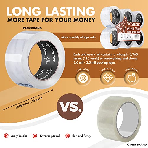 Packstrong Heavy Duty Packing Tape 6 Rolls, 3 Inch Wide 2.0 Mil 110 Yards - size: 3" Wide x 2 Mil Thick