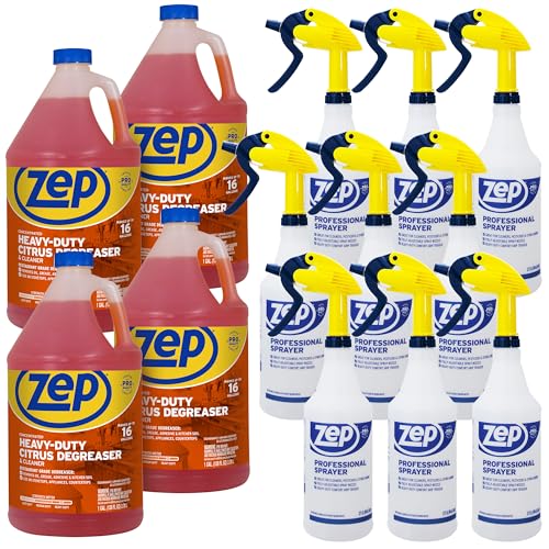 Zep Heavy-Duty Citrus Degreaser 1 Gal (Case of 4) and Cleaner Concentrate Professional Sprayer Bottle (Case of 9) - ZUCIT128 - Professional Strength Kitchen Grade Formula