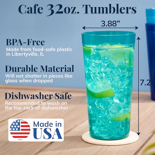 US Acrylic Café Plastic Reusable Tumblers (Set of 12) 32-ounce Iced-Tea Cups, Assorted | Value Set of Restaurant Style Drinking Glasses, Stackable, BPA-free, Made in the USA | Top-rack Dishwasher Safe - color: Assorted, size: 32 ounces