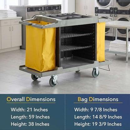 59” x 21” x 38” Commercial Hotel Cleaning Cart - Small Housekeeping Cart with Adjustable 3-Shelf Storage, 2 Vinyl Linen Bags, Top Supply Compartments, Vacuum Holder, Locking Casters - 132 lb Capacity