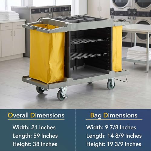 59” x 21” x 38” Commercial Hotel Cleaning Cart - Small Housekeeping Cart with Adjustable 3-Shelf Storage, 2 Vinyl Linen Bags, Top Supply Compartments, Vacuum Holder, Locking Casters - 132 lb Capacity