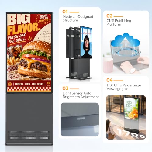 55 Inch Outdoor Digital Signage, 3000 Nits Sun Readable Commercial LCD Advertising Screen, IP66 Waterproof Dustproof, IK10 Vandal & UV Resistant, 24/7 All Weather Kiosk with Remote Content Management - size: 55 Inch New
