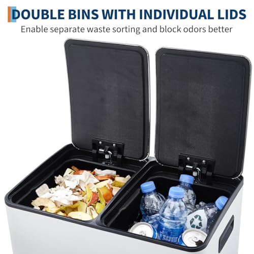 Garvee 16 Gal Dual Compartments Kitchen Trash Can, Stainless Steel, White - color: White, size: 30L+30L