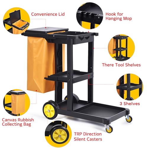 Matthew Commercial Traditional Cleaning Janitorial 3-Shelf Cart,500 Lbs Heavy Duty Capacity Housekeeping Cart,51"L x 21"W x 39"H,Wheeled with 25 Gallon Zippered Yellow Vinyl Bag and Cover w lid,Black