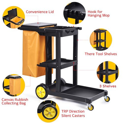 Matthew Commercial Traditional Cleaning Janitorial 3-Shelf Cart,500 Lbs Heavy Duty Capacity Housekeeping Cart,51"L x 21"W x 39"H,Wheeled with 25 Gallon Zippered Yellow Vinyl Bag and Cover w lid,Black