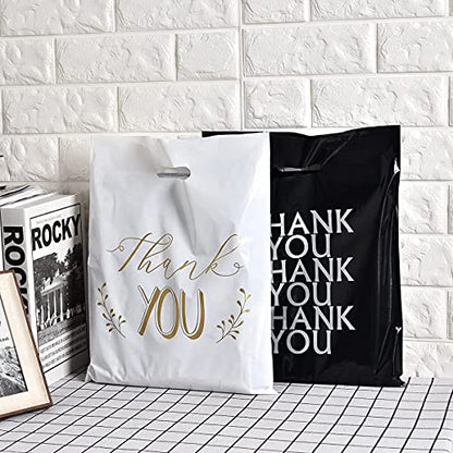 Thank You Bags for Business Small, 100 PCS 12x15 Plastic Shopping Bags - color: Black & White Thank You Bags