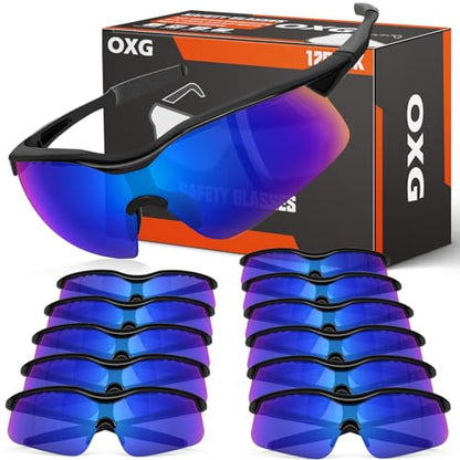 OXG 12 Pack Safety Glasses, ANSI Z87.1 Protective Eyewear for Men Women - color: Blue Mirrored