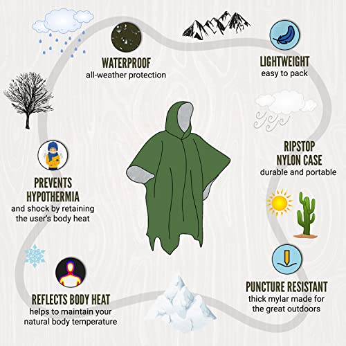 Lingito Rain Ponchos Family Pack - Emergency Drawstring Hood Poncho for Children & Adults Lightweight Reusable or Disposable - color: Green, style: Thermal (3+1-pack)