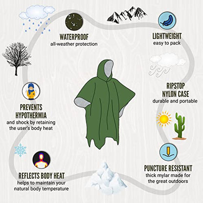 Lingito Rain Ponchos Family Pack - Emergency Drawstring Hood Poncho for Children & Adults Lightweight Reusable or Disposable - color: Green, style: Thermal (3+1-pack)