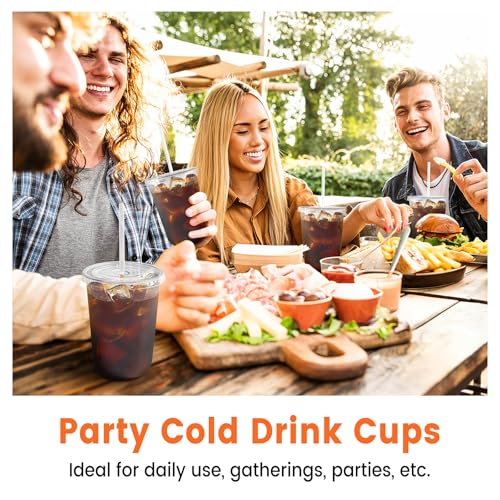 100 Pack 16 oz Plastic Coffee Cups with Lids and Straws