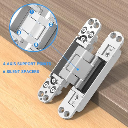 Hidden Door Hinges, 2 Pack 6 inch, 3 Way Adjustable 180° Concealed Hinge - color: Silver, size: 6 Inch