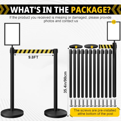 12-Pack Black Stainless Steel Crowd Control Stanchions, 9.8 ft Retractable Black and Yellow Stripe Safety Belts with 3 Sign Holder(Black and Yellow Stripe Belt)