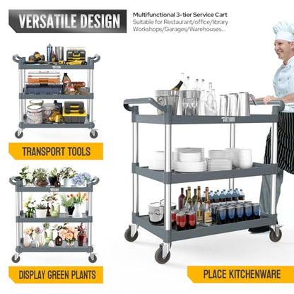 TUFFIOM Plastic Service Utility Cart with Wheels,Heavy Duty 450lbs Capacity, 3-Tier Commercial Rolling, Ideal for Restaurant, Foodservice, Office, Warehouse, Gray 39.8''L x 19.1''W x 38.4''H - size: Gray 39.8''L x 19.1''W x 38.4''H