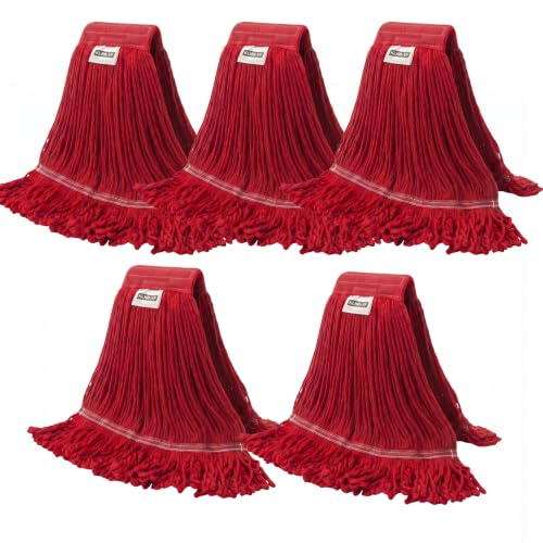 Heavy Duty Wet Industrial Cleaning Mop Head – 21 oz red mop Head Replacement Cotton Washable Industrial mop Heads Heavy Duty for Commercial & Home Cleaning（RED） - color: Red, size: 5 Pack